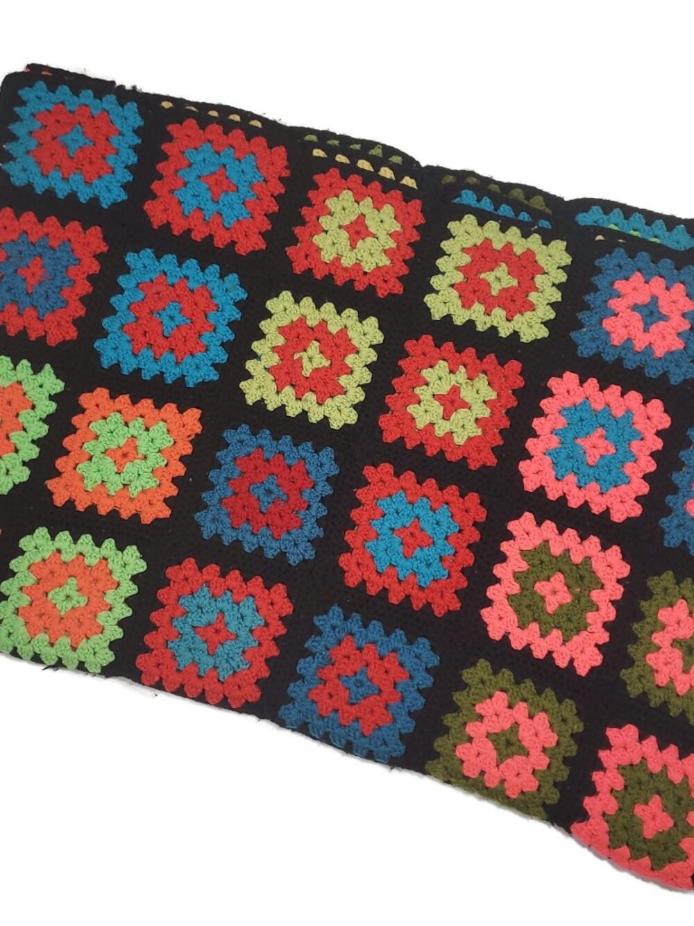 Vintage Granny Square Afghan Black Rainbow Crochet Blanket 56x90 Handmade Throw
